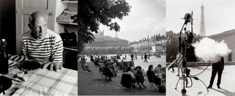 De gauche à droite : Les pains de Picasso, Vallauris, 1952 (Atelier Robert Doisneau - Place Bellecour, Lyon 1950 (Atelier Robert Doisneau) - Tinguely, portrait de l'artiste, Paris 1959 (Robert Doisneau Gamma Rapho)